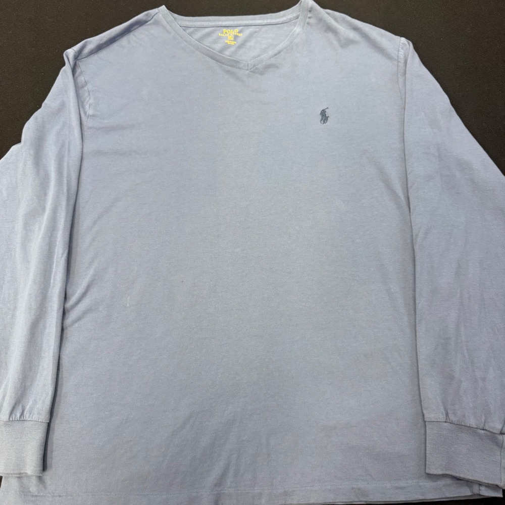 Polo Ralph Lauren Mens XL V-Neck Long Sleeve T-Shirt Light Blue Cotton Pony Logo